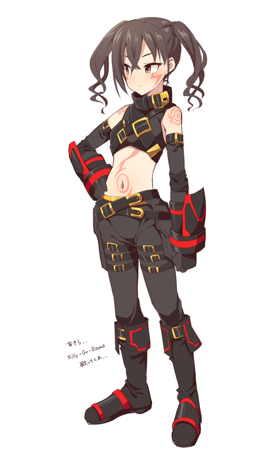 .hack// .hack//g.u. 1girl bad_id bad_pixiv_id bare_shoulders black_boots black_gloves black_hair black_pants black_shirt blush boots breasts brown_eyes closed_mouth cosplay cosplay_request crop_top elbow_gloves eyebrows_hidden_by_hair full_body gloves hair_between_eyes hand_on_own_hip haseo_(.hack//) haseo_(.hack//)_(cosplay) idolmaster idolmaster_cinderella_girls looking_away mole mole_under_eye navel pants shirt simple_background sleeveless sleeveless_shirt small_breasts solo standing sunazuka_akira translation_request twintails uccow v-shaped_eyebrows white_background