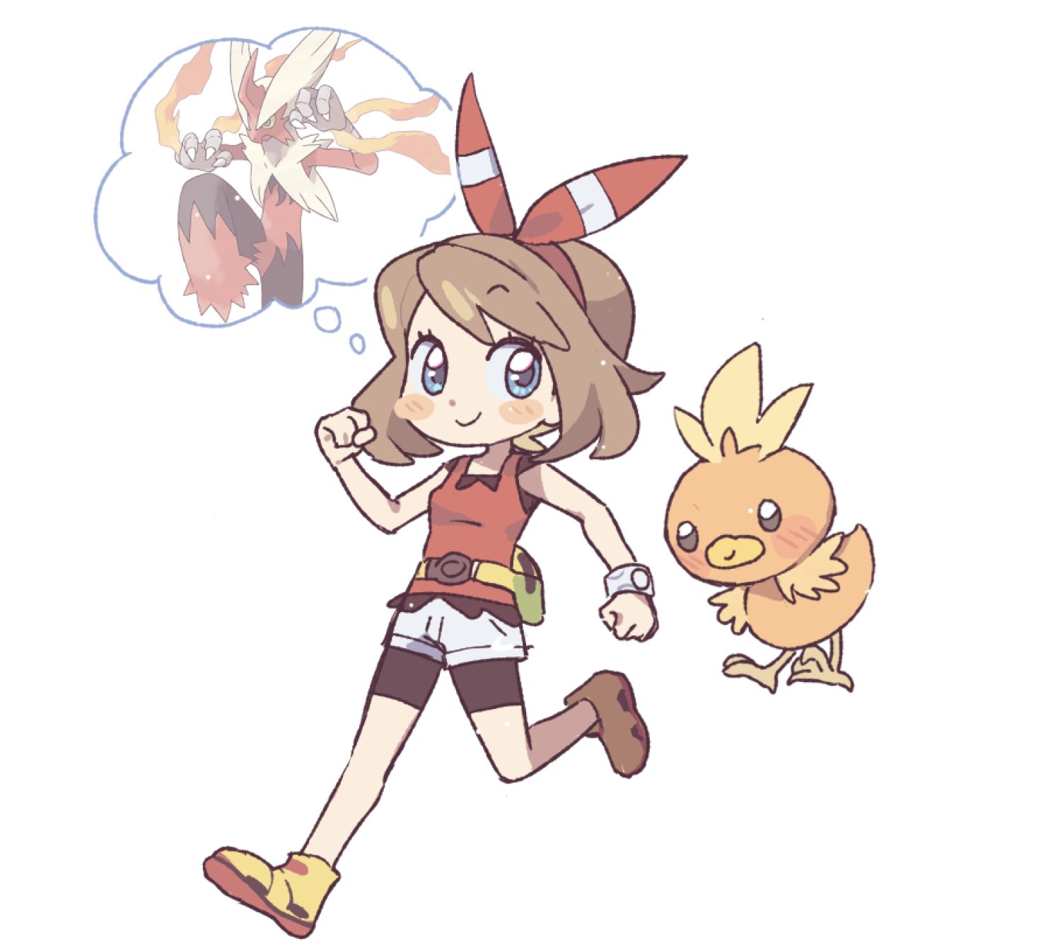 1brad 1girl bike_shorts blaziken blue_eyes blush_stickers bow_hairband bracelet brown_hair clenched_hands closed_mouth commentary_request eyelashes gen_3_pokemon hairband highres jewelry korean_commentary may_(pokemon) medium_hair mega_blaziken mega_pokemon nintendo pokemon pokemon_(creature) pokemon_oras red_hairband red_shirt shirt shoes shorts sleeveless sleeveless_shirt smile speech_bubble thought_bubble torchic white_background white_shorts yellow_shoes