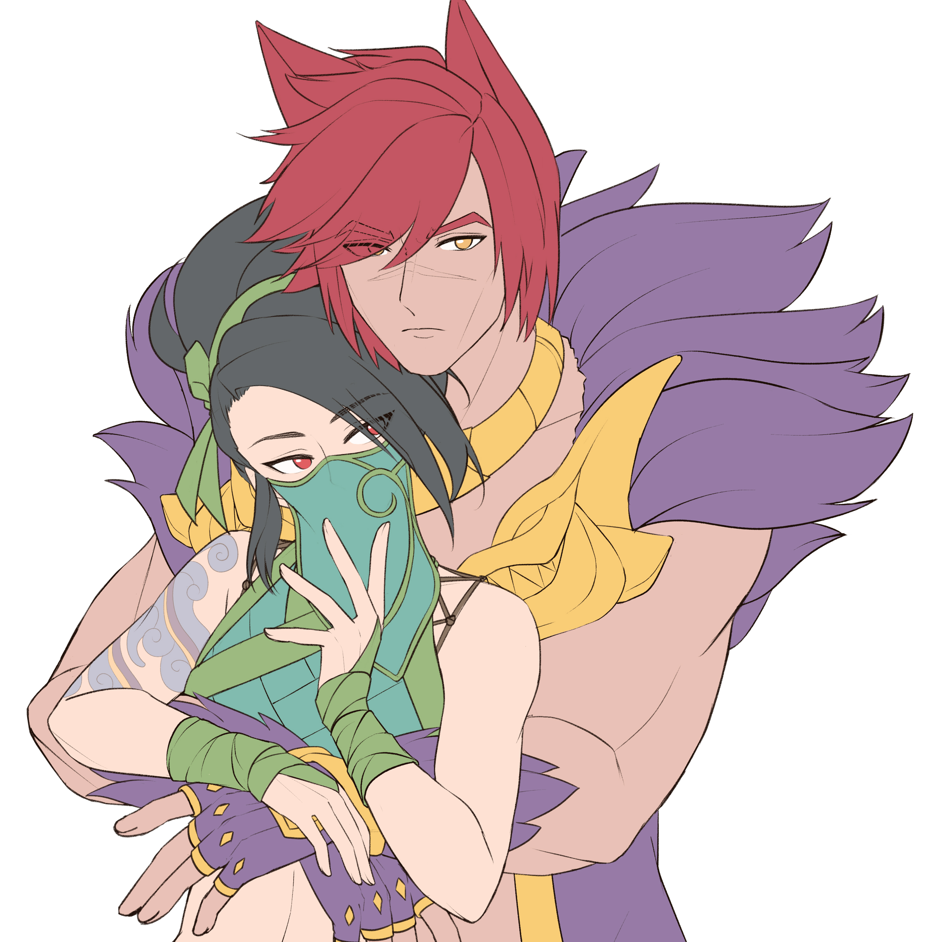 1boy 1girl akali angry arm_tattoo black_hair crop_top fur_trim gloves hug hug_from_behind jewelry league_of_legends looking_at_viewer looking_back muscular muscular_female muscular_male ponytail protecting red_eyes red_hair scar scar_on_face scar_on_nose sett_(league_of_legends) tattoo veil white_background yellow_eyes