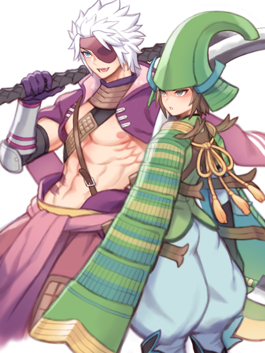 2boys :d :o abs armor blue_eyes brown_eyes brown_hair chousokabe_motochika_(sengoku_basara) cowboy_shot eyepatch fang folks_(nabokof) gloves green_helmet helmet highres holding holding_weapon jacket jacket_on_shoulders japanese_armor kabuto_(helmet) looking_ahead male_focus mouri_motonari_(sengoku_basara) multiple_boys no_shirt open_mouth puffy_pants purple_gloves purple_jacket sengoku_basara smile weapon white_background white_hair