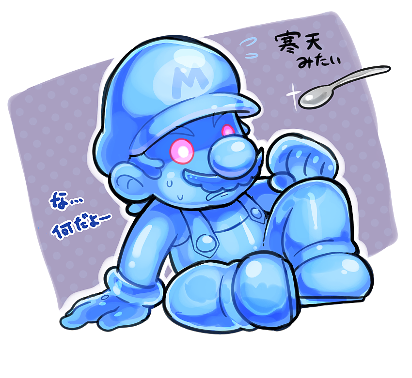 1boy blue_eyes blue_gloves blue_hair blue_hat blue_overalls blue_shirt facial_hair gloves glowing glowing_eyes hat hoshi_(star-name2000) mario_(series) mustache nintendo overalls shadow_mario shirt solo spoon super_mario_sunshine