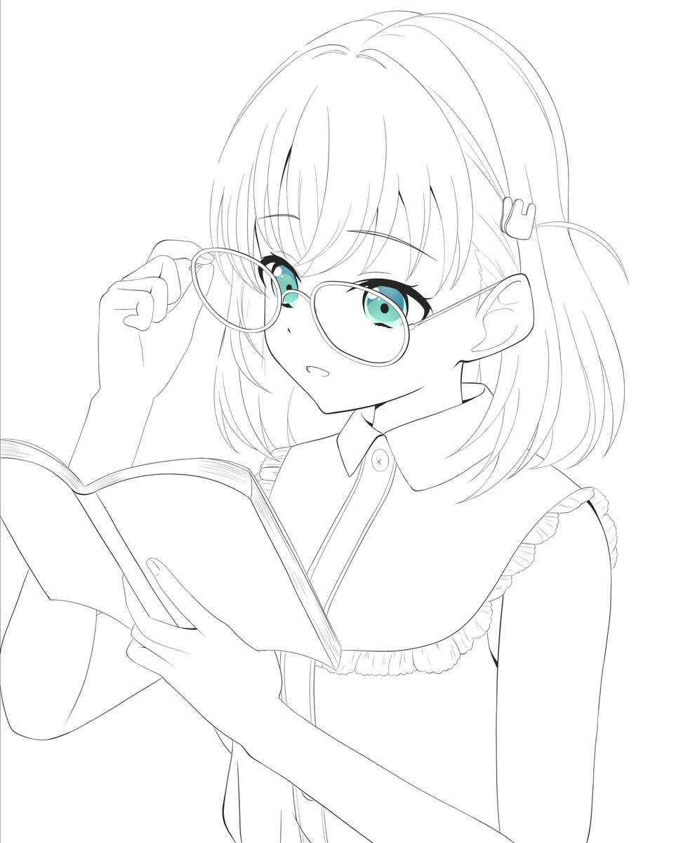 1girl :d adjusting_eyewear aqua_eyes book commentary crossed_bangs frilled_shirt frills glasses greyscale hair_ornament highres hinoshita_kaho hinoshita_kaho_(ishikawa_prefectural_library) holding holding_book lineart link!_like!_love_live! love_live! medium_hair monochrome morio_(mmorio_mu) official_alternate_costume open_book open_mouth rabbit_hair_ornament shirt sleeveless sleeveless_shirt smile solo spot_color two_side_up upper_body virtual_youtuber