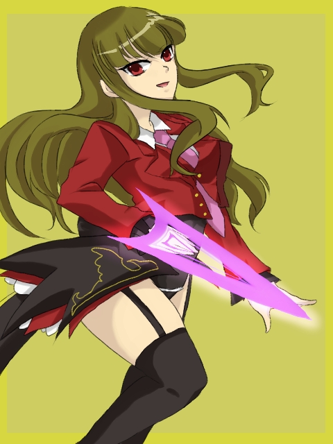1girl black_leotard leotard mammon_(umineko) necktie pink_necktie red_eyes stakes_of_purgatory umineko_no_naku_koro_ni yellow_background