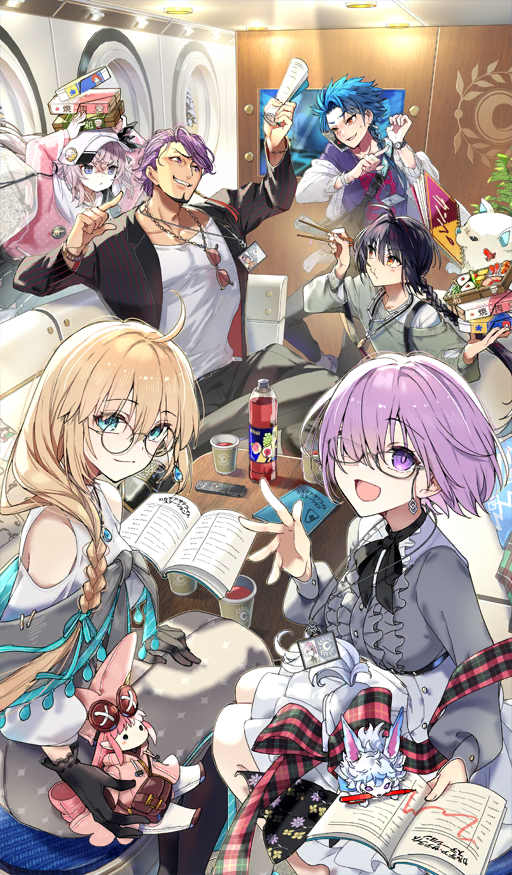 1other 2boys 3girls :d aesc_(fate) ahoge androgynous animal aqua_bow aqua_eyes archer_(fate) arms_up badge bento black_bag black_facial_hair black_gloves black_hair black_jacket black_ribbon blazer blonde_hair blue_eyes blue_hair book bottle boudica_(fate) bow box bracelet braid breasts button_badge cardigan carimarica cellphone center_frills chaldea_logo character_doll chopsticks clothes_hanger clothing_cutout collarbone commentary_request controller couch creature cu_chulainn_(fate) cup disposable_cup dog doll drink duryodhana_(fate) earrings eye_contact facial_hair fanny_pack fate/grand_order fate_(series) flat_cap floating floating_book floating_object food food_art food_request fou_(fate) frills glasses gloves goatee green_sweater grey_pants grey_shirt grin habetrot_(fate) hair_between_eyes hair_bow hair_over_one_eye hair_over_shoulder hand_on_lap hand_on_own_leg hat high-waist_skirt holding holding_book holding_box holding_chopsticks holding_doll id_card indoors jacket jewelry lanyard lapels long_hair long_sleeves looking_at_another looking_at_viewer looking_back mash_kyrielight medium_hair mouth_hold multiple_boys multiple_girls multiple_necklaces neck_ribbon notched_lapels notebook official_art on_head one_eye_covered open_book open_cardigan open_clothes open_jacket open_mouth orange-tinted_eyewear orange_eyes pants pendant phone pillow pink_hair pink_sweater pinstripe_jacket pinstripe_pattern plant pointing potted_plant puffy_long_sleeves puffy_sleeves puppy purple_eyes purple_hair purple_shirt red_eyes remote_control ribbon rolled_up_paper round_eyewear saika_magoichi_(fate) semi-circular_eyewear setanta_(fate) shirt short_hair shoulder_cutout sidelocks single_braid single_off_shoulder sitting skirt small_sweatdrop smartphone smile sweater table tako-san_wiener talking_on_phone tamamo_(fate) tamamo_cat_(fate) teeth third-party_source tinted_eyewear turtleneck unworn_eyewear watch white_bag white_cardigan white_hat white_shirt white_skirt window wristwatch yamato_takeru_(fate)
