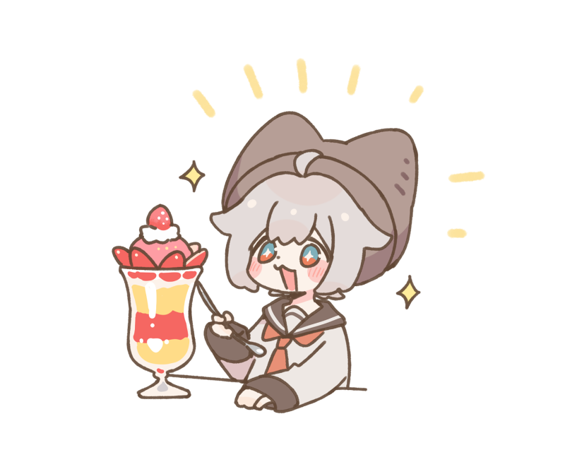 +_+ 1girl :3 ahoge animal_ears animal_hat blue_eyes cat_hat chibi fake_animal_ears food fruit grey_hair hat holding holding_spoon ice_cream multicolored_eyes necktie open_mouth original parfait red_eyes school_uniform serafuku short_hair sleeves_past_wrists smile solo sorata123 sparkle spoon strawberry