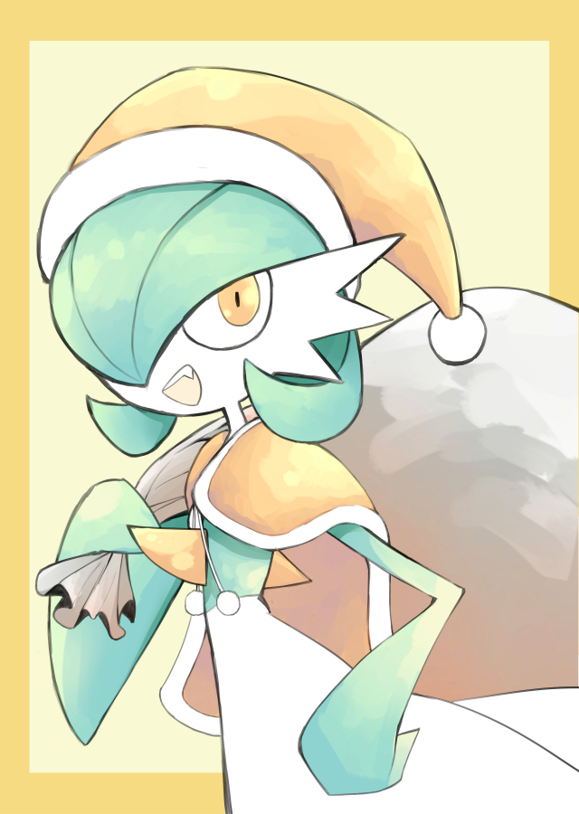 bob_cut colored_skin dmt_(auburn) fang gardevoir gen_3_pokemon green_hair green_skin hair_over_one_eye hat holding holding_sack looking_at_viewer multicolored_skin nintendo open_mouth pokemon pokemon_(creature) sack santa_hat smile two-tone_skin white_skin