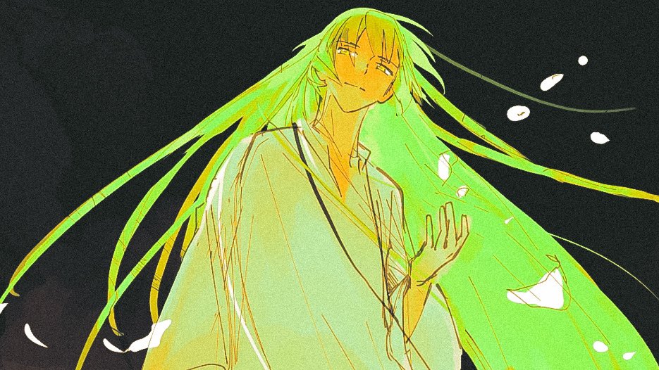 1other absurdly_long_hair arm_up black_background domu_(hamadura) enkidu_(fate) fate/grand_order fate_(series) film_grain green_hair long_hair long_sleeves robe very_long_hair white_robe wide_sleeves yellow_eyes