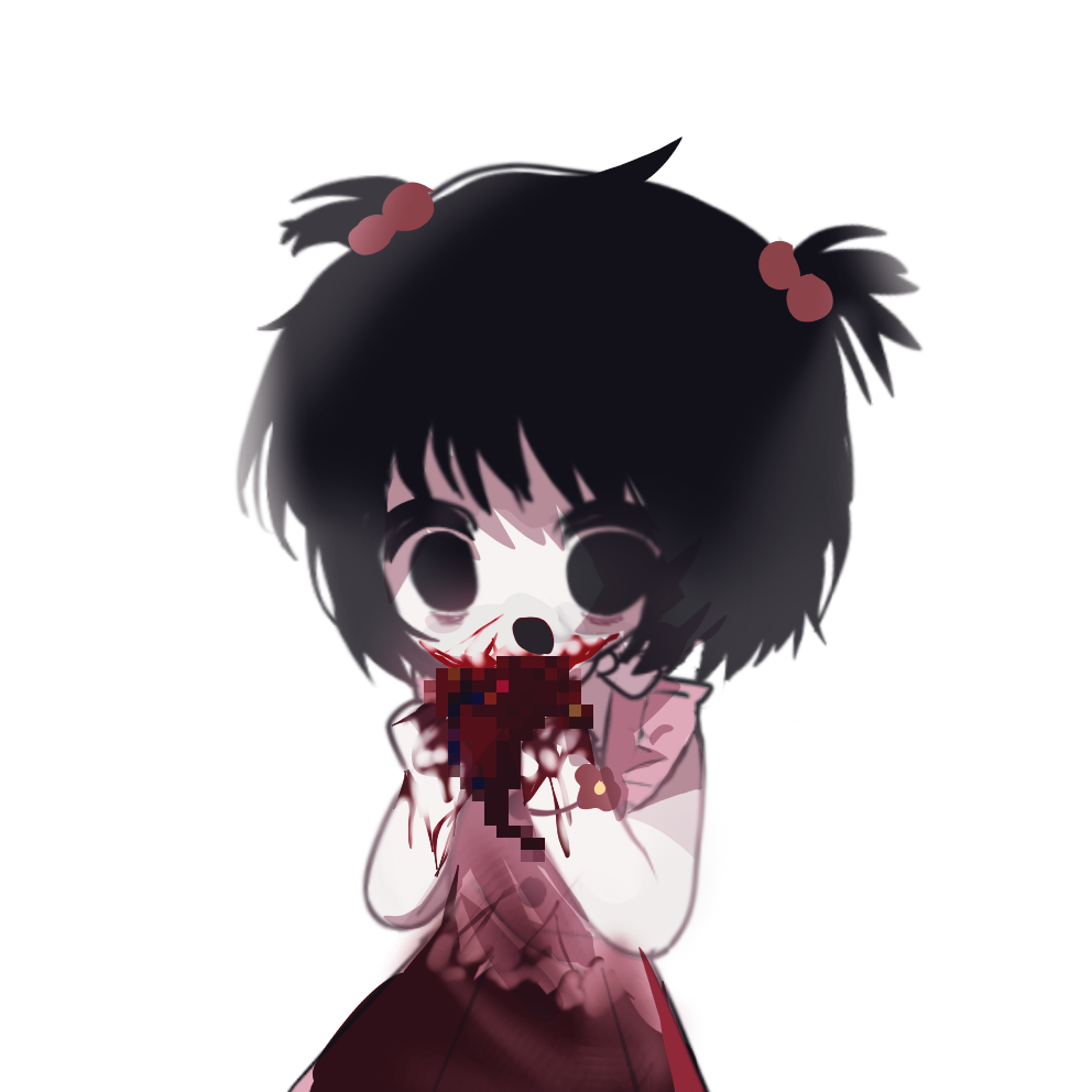 1girl black_eyes black_hair blood blood_on_clothes blood_on_face censored chinese_commentary commentary_request cowboy_shot dress hair_bobbles hair_ornament haokunhaokundeshuangren huai_huizhi implied_cannibalism mosaic_censoring open_mouth pink_dress short_hair short_twintails simple_background sleeveless sleeveless_dress smile solo touqi_guaitan twintails white_background