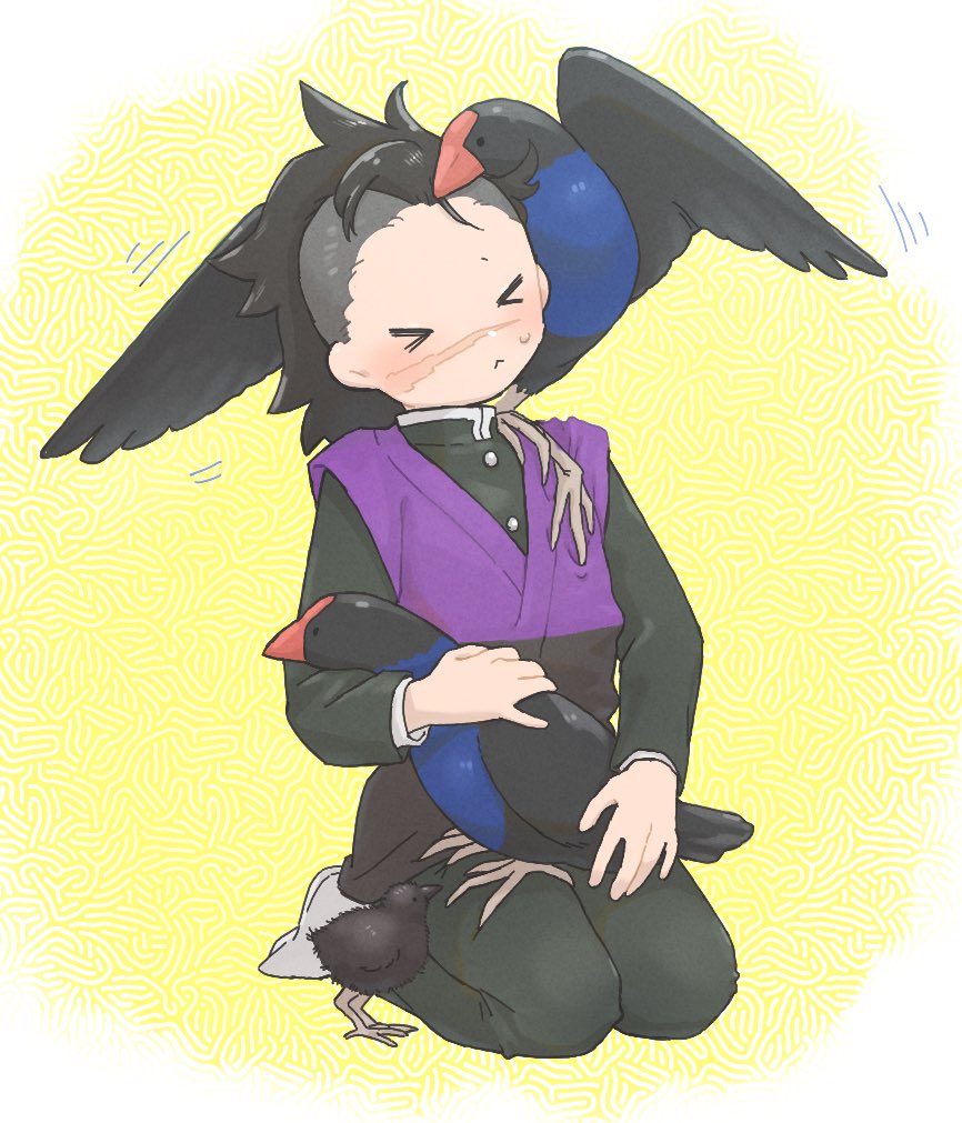 &gt;_&lt; 1boy :&lt; animal animal_on_shoulder bird bird_on_lap bird_on_shoulder black_hair black_pants chick closed_eyes demon_slayer_uniform facing_viewer full_body kimetsu_no_yaiba long_sleeves male_focus medium_hair mohawk no_shoes nuzzle pants purple_vest scar scar_on_face scar_on_nose seiza shinazugawa_genya sitting socks tabi vest white_socks yellow_background zooooo_co