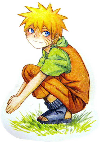 artist_name blonde_hair blue_eyes child commentary commentary_request denoro forehead_protector grass looking_to_the_side naruto_(classic) naruto_(series) ninja orange_overalls orange_pants overalls pants photoshop_(medium) russian_commentary sandals signature spiked_hair uzumaki_naruto