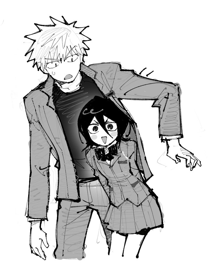 1boy 1girl :d black_hair black_shirt bleach blush_stickers bow bowtie commentary cowboy_shot d: double-parted_bangs grey_jacket grey_skirt greyscale hair_between_eyes height_difference jacket jitome karakura_high_school_uniform korean_commentary kuchiki_rukia long_sleeves looking_at_viewer miniskirt monochrome open_mouth pleated_skirt school_uniform shirt short_hair simple_background sketch skirt smile spiked_hair sweatdrop v-shaped_eyebrows white_background wide-eyed yongsa_(y0ngs4)
