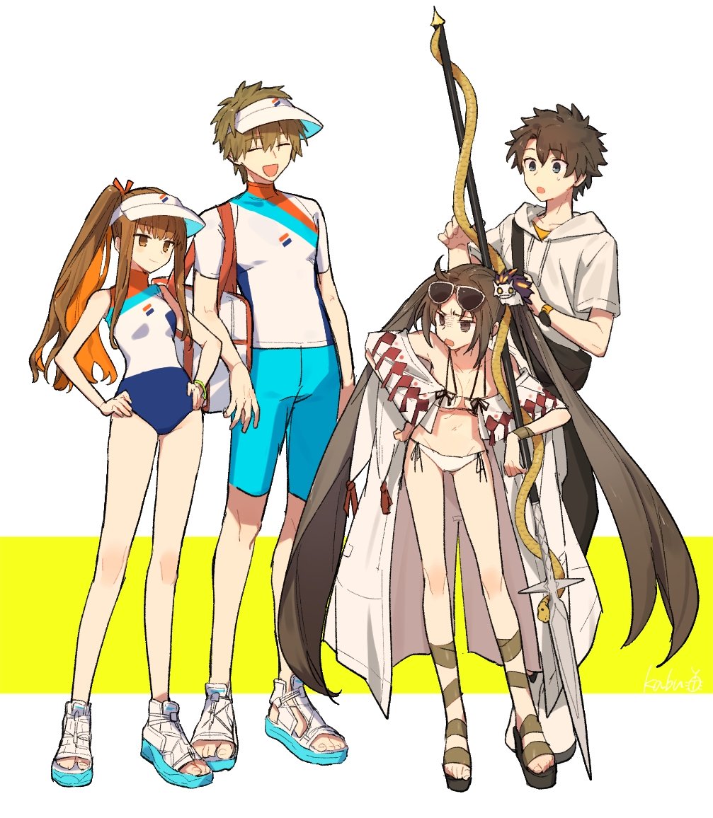 2boys 2girls bag bare_shoulders bikini black_hair blue_eyes bracelet breasts brown_eyes brown_hair cleavage colored_inner_hair eyewear_on_head fanny_pack fate/grand_order fate_(series) fujimaru_ritsuka_(male) fujimaru_ritsuka_(male)_(summer_street) full_body hair_ornament hair_ribbon hands_on_own_hips hood hoodie jewelry kabutomushi_s kishinami_hakuno_(female) kishinami_hakuno_(male) long_hair medium_breasts multicolored_hair multicolored_swimsuit multiple_boys multiple_girls navel one-piece_swimsuit open_clothes open_mouth orange_hair pants ponytail ribbon robe sandals shirt short_hair short_sleeves smile sports_sandals sunglasses swimsuit tongue tongue_out twintails very_long_hair visor_cap white_bikini white_footwear white_hoodie yu_mei-ren_(fate) yu_mei-ren_(swimsuit_lancer)_(fate)