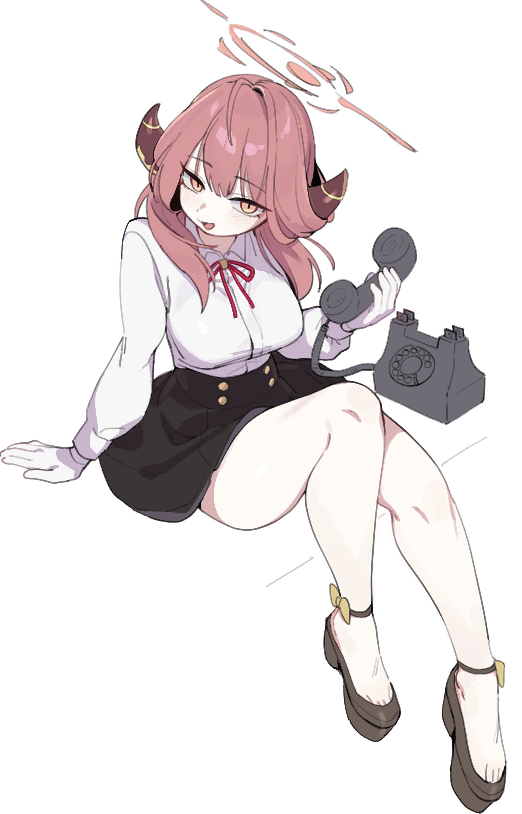 1girl absurdres antique_phone aru_(blue_archive) black_skirt blue_archive blush breasts collared_shirt full_body gloves hair_between_eyes halo high-waist_skirt highres holding holding_phone horns hufy large_breasts long_hair long_sleeves looking_at_viewer neck_ribbon open_mouth orange_eyes phone red_hair red_ribbon ribbon rotary_phone shirt shoes simple_background sitting skirt solo white_background white_gloves white_shirt