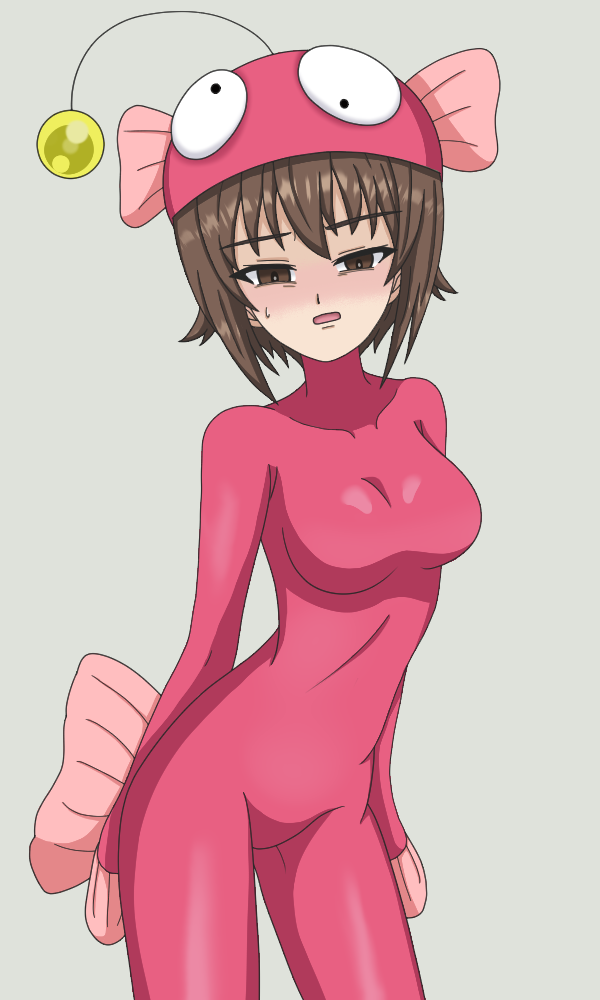 1girl anglerfish anglerfish_costume blush bodysuit breasts brown_eyes brown_hair covered_navel embarrassed fish fish_costume fish_hat girls_und_panzer hat kkonmulbeom_nyomy looking_at_viewer medium_breasts nishizumi_maho open_mouth pink_bodysuit pink_hat short_hair simple_background skin_tight solo standing