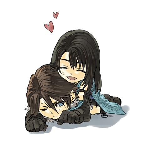 1boy 1girl arm_ribbon bike_shorts bike_shorts_under_skirt black_footwear black_gloves black_hair black_jacket black_ribbon black_shorts blue_eyes blue_skirt boots brown_hair chibi closed_eyes commentary_request couple detached_sleeves earrings final_fantasy final_fantasy_viii full_body fur-trimmed_jacket fur_trim glomp gloves hair_over_shoulder happy heart hetero hinokami hug jacket jewelry light_frown long_hair long_sleeves looking_at_another looking_up lowres miniskirt multicolored_hair one_eye_closed open_mouth ribbon rinoa_heartilly scar scar_on_face short_hair shorts skirt sleeveless_duster smile spoken_heart squall_leonhart streaked_hair stud_earrings sweatdrop white_background white_fur