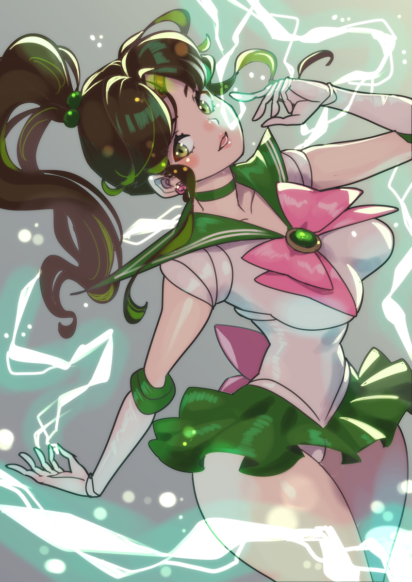 bishoujo_senshi_sailor_moon blush bow breasts brown_hair chest_jewel choker cowboy_shot earrings elbow_gloves flower_earrings gloves green_choker green_eyes green_sailor_collar green_skirt hair_bobbles hair_ornament highres jewelry kino_makoto kuwango lightning long_hair medium_breasts microskirt panties parted_bangs parted_lips pink_bow pleated_skirt ponytail sailor_collar sailor_jupiter sailor_senshi_uniform shirt sidelocks skirt thighs tiara underwear white_gloves white_panties white_shirt