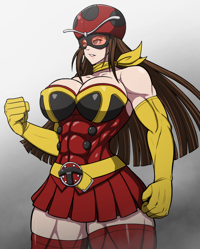 1girl abs bare_shoulders blue_eyes breasts brown_hair elbow_gloves electro_wave_human_tackle gloves helmet long_hair muscular muscular_female okada_yuriko red-tinted_eyewear red_helmet solo thick_thighs thighs tight_clothes tinted_eyewear toujima_tanzaburou_wa_kamen_rider_ni_naritai wade99