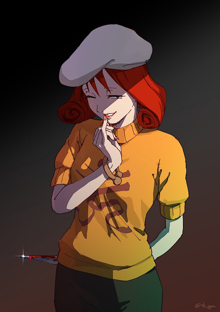 1girl ace_attorney arm_behind_back beret blood bloody_knife bracelet commentary_request gradient_background green_skirt half-closed_eye hand_up hat holding holding_knife jewelry knife mimi_miney one_eye_closed open_mouth phoenix_wright:_ace_attorney_-_justice_for_all red_hair red_lips short_hair short_sleeves skirt smile solo sparkle spoilers standing sweater taba_(tb_gya) white_hat yellow_sweater