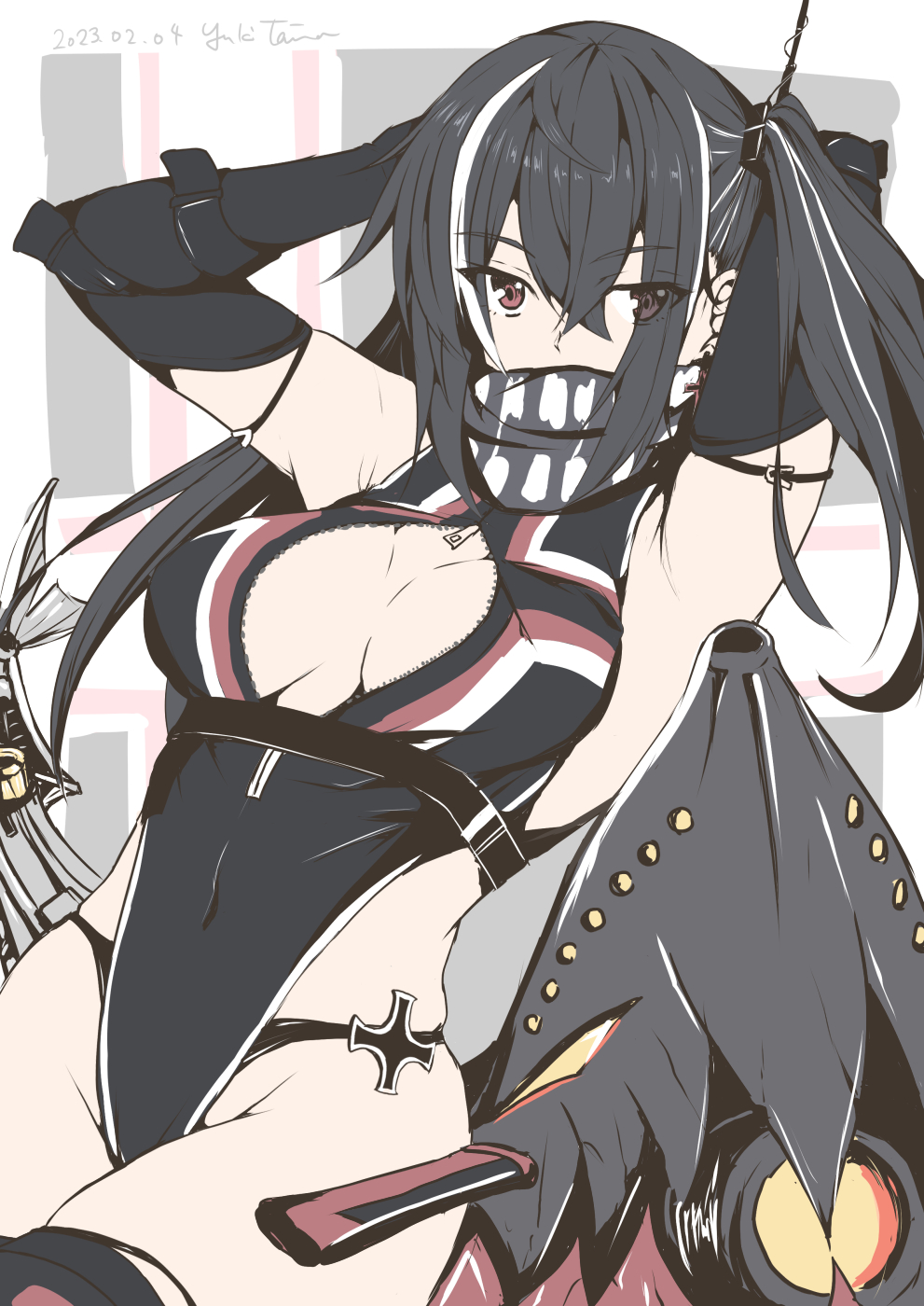 1girl armpits arms_up artist_name azur_lane bandana bandana_over_mouth bikini black_gloves black_hair black_panties breasts cleavage covered_mouth covered_navel cross earrings elbow_gloves gloves highres iron_cross jewelry large_breasts leotard long_hair looking_at_viewer multicolored_hair one-piece_swimsuit panties panties_under_swimsuit red_eyes scarf side_ponytail solo streaked_hair swimsuit taira_yuuki u-47_(azur_lane) underwear white_hair zipper