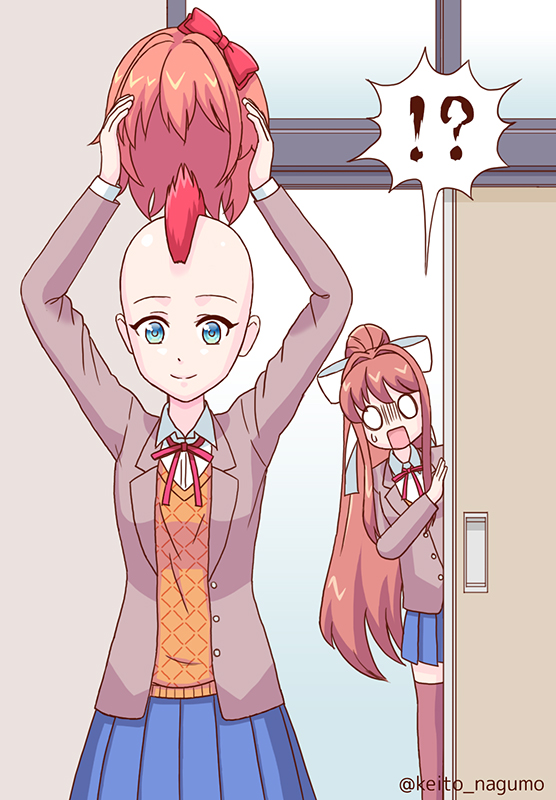!? 2girls alternate_hairstyle blazer blue_eyes blue_skirt bow brown_hair brown_jacket closed_mouth doki_doki_literature_club hair_bow hair_ribbon jacket keito_nagumo long_hair mixed-language_commentary mohawk monika_(doki_doki_literature_club) multiple_girls o_o open_clothes open_jacket open_mouth ponytail red_bow red_hair ribbon sayori_(doki_doki_literature_club) school_uniform shaved_head shirt skirt smile sweatdrop sweater_vest twitter_username unworn_wig white_ribbon white_shirt wig