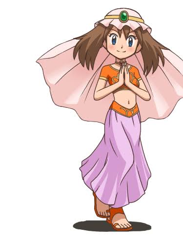 1girl :d alternate_costume arabian_clothes awa blue_eyes brown_hair collar harem_outfit jewelry lowres may_(pokemon) midiff navel nintendo non-web_source official_alternate_costume open_mouth pokemon pokemon_(anime) pokemon_contest pokemon_dp077 pokemon_dppt_(anime) smile solo stomach tagme third-party_edit veil white_background