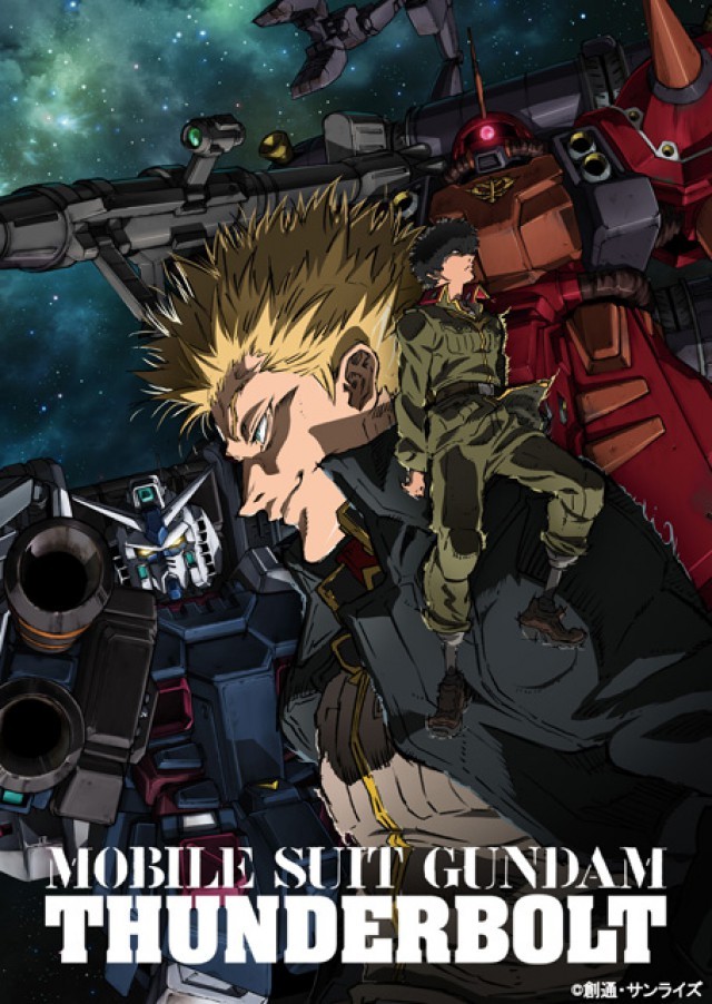 10s amputee black_hair blonde_hair copyright_name daryl_lorenz full_armor_gundam gundam gundam_thunderbolt io_fleming mecha military military_uniform official_art prosthesis prosthetic_leg robot space weapon zaku