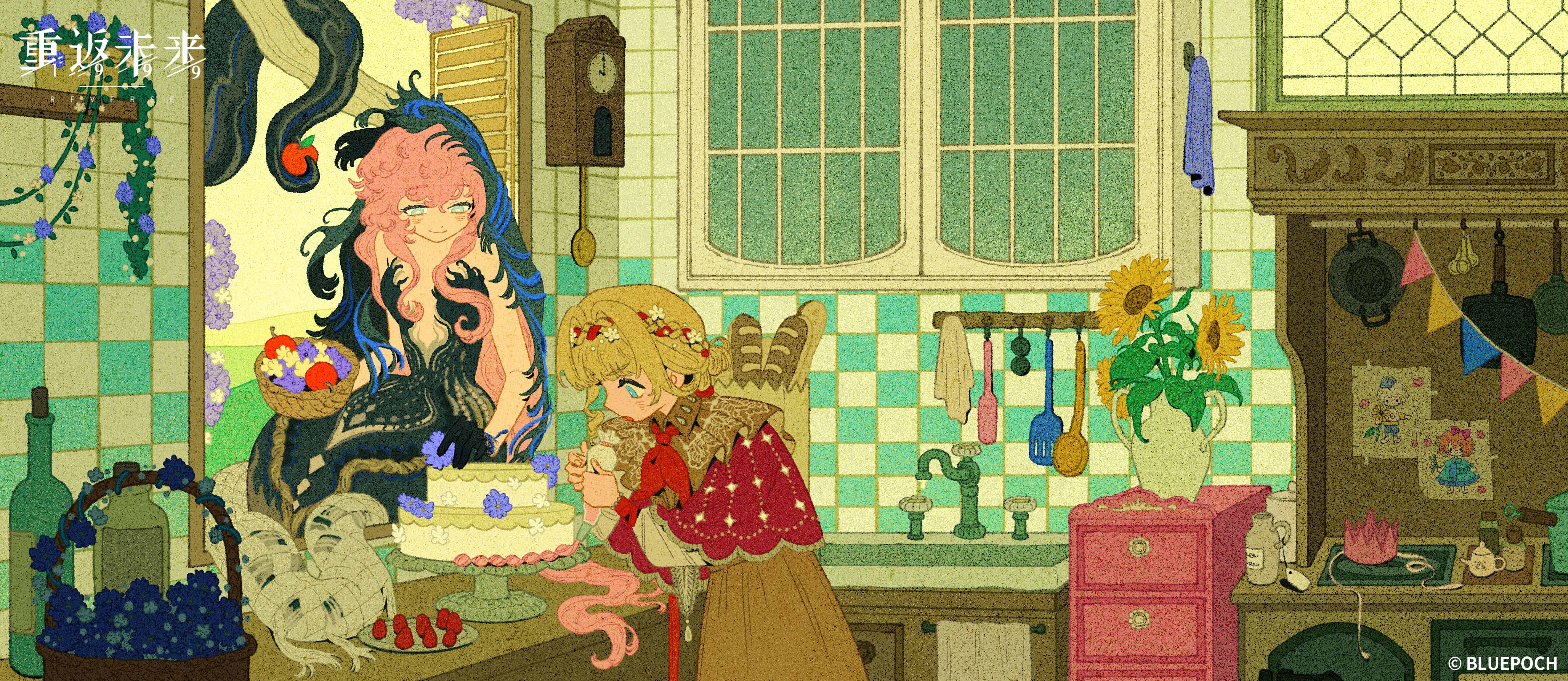 2girls :o absurdres aqua_eyes avgust_(reverse:1999) bare_shoulders basket black_dress black_veil blonde_hair blue_eyes blue_veil braid braided_bangs bread brown_dress cake child's_drawing chimera cloak clock copyright_name copyright_notice cupboard drawing_(object) dress film_grain flower flutterpage food highres holding holding_basket holding_flower holding_pastry_bag indoors kiperina kitchen logo long_hair looking_at_food low_ponytail multiple_girls nautika_(reverse:1999) neckerchief official_art pastry_bag plunging_neckline ponytail purple_flower red_cloak red_neckerchief reverse:1999 sink smile strapless strapless_dress string_of_flags tail through_window tile_wall tiles two-tone_veil upper_body vase veil wall_clock yellow_flower