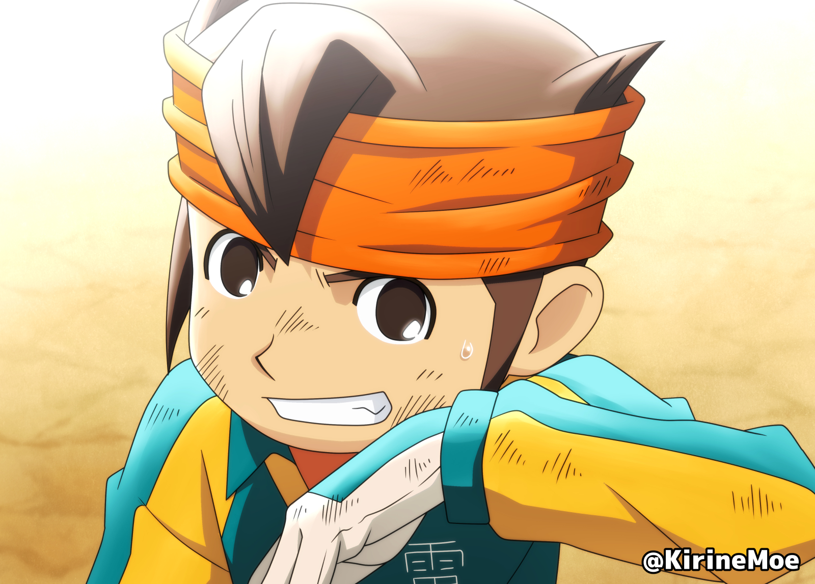 1boy brown_eyes brown_hair dirty dirty_clothes dirty_face endou_mamoru gloves goalkeeper headband highres inazuma_eleven inazuma_eleven_(series) kirinemoe looking_at_viewer male_focus orange_headband parted_lips portrait raimon shirt soccer_uniform solo sportswear sweatdrop twitter_username
