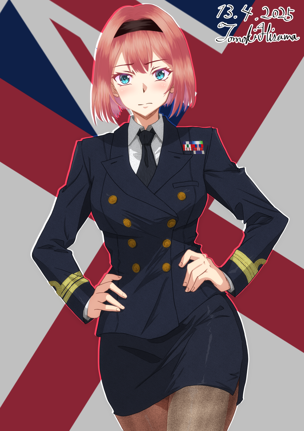 1girl alternate_costume ark_royal_(kancolle) artist_name black_jacket black_necktie black_skirt blue_eyes bob_cut braid breasts buttons closed_mouth collared_shirt cowboy_shot dated double-breasted flag_background hair_between_eyes half_up_braid hand_on_own_hip highres hisamatomoki jacket kantai_collection long_sleeves looking_at_viewer military_dress_uniform military_rank_insignia military_uniform naval_dress_uniform naval_uniform necktie one-hour_drawing_challenge red_hair ribbon_bar royal_navy shirt short_hair skirt solo white_ensign white_shirt
