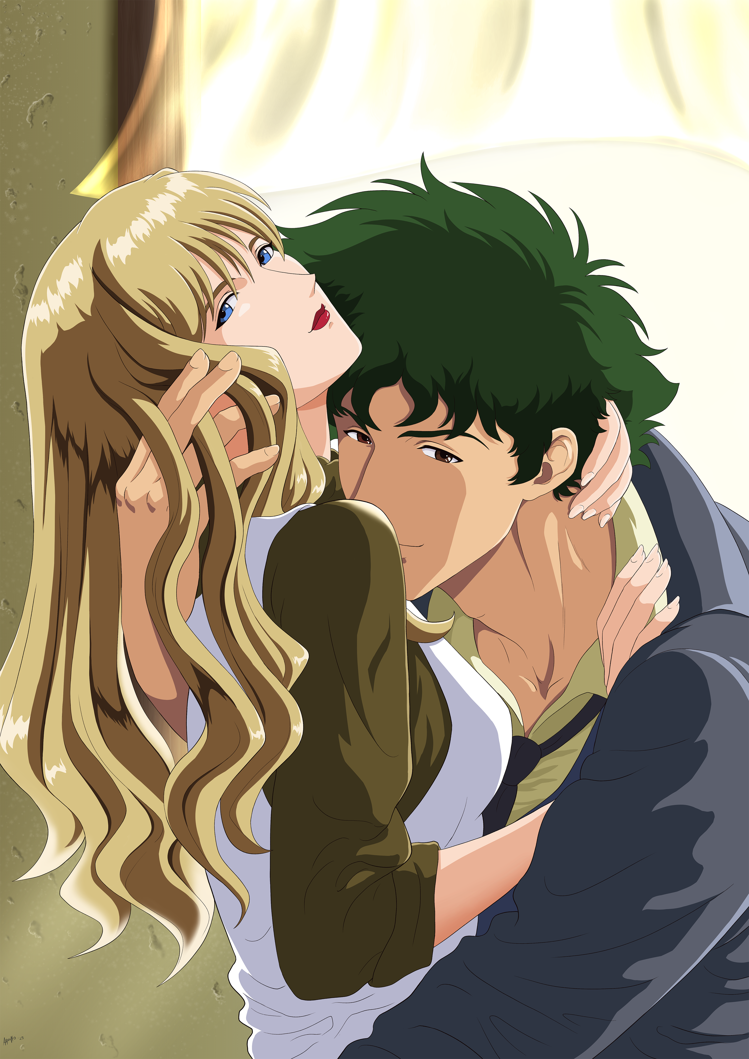 absurdres blonde_hair blue_eyes brown_eyes couple cowboy_bebop curly_hair green_hair highres hug julia_(cowboy_bebop) nekro-comix spike_spiegel
