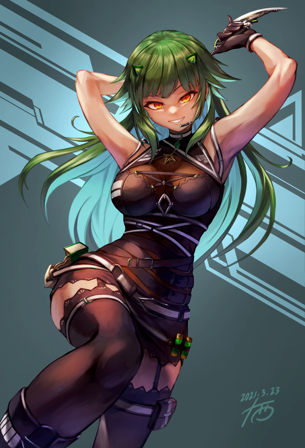 1girl armpits arms_behind_head bare_shoulders black_gloves black_skirt black_thighhighs bodysuit boots breasts brown_bodysuit bustier dagger gloves green_hair grin headset highres holster interface_headset_(evangelion) juunishi_aya kitakoji_hisui kitakoji_hisui_(2nd_costume) knife large_breasts looking_at_viewer nijisanji official_alternate_costume orange_eyes pouch see-through_clothes skirt smile solo thigh_holster thigh_strap thighhighs virtual_youtuber weapon