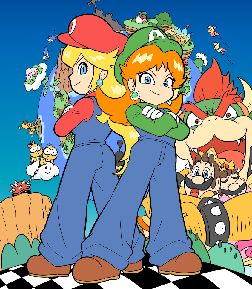2girls 3boys back-to-back blonde_hair blue_eyes bowser bracelet checkered_floor cloud cosplay costume_switch crossed_arms dolphin dolphin_(mario) earrings facial_hair flying glasses gloves hat horns island jewelry junnosu koopa_troopa lakitu long_hair luigi luigi_(cosplay) mario mario_(cosplay) mario_(series) multiple_boys multiple_girls mustache nintendo open_mouth orange_hair overalls planet princess_daisy princess_daisy_(cosplay) princess_peach princess_peach_(cosplay) red_eyes red_hair short_hair sphere_earrings spiked_bracelet spikes spiny super_koopa super_mario_rpg super_mario_world sweatdrop white_gloves wiggler