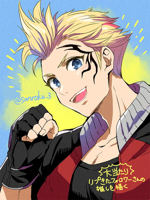 1boy black_gloves black_shirt black_sleeves blonde_hair blue_background blue_eyes clenched_hand facial_tattoo final_fantasy final_fantasy_viii fingerless_gloves gloves jacket looking_at_viewer male_focus open_mouth portrait red_jacket sanroku_3 shirt short_hair sideburns smile solo spiked_hair tattoo twitter_username upper_body zell_dincht