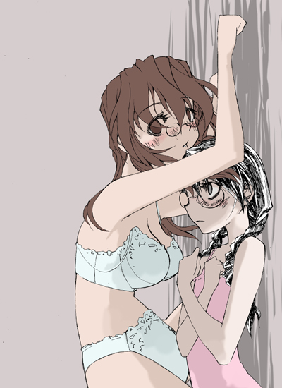 2girls black_hair blush bra breasts brown_eyes brown_hair flat_chest futaba_channel glasses kurai_(nijiura_maids) large_breasts long_hair maid multiple_girls nemui nijiura_maids panties pince-nez underwear yuri