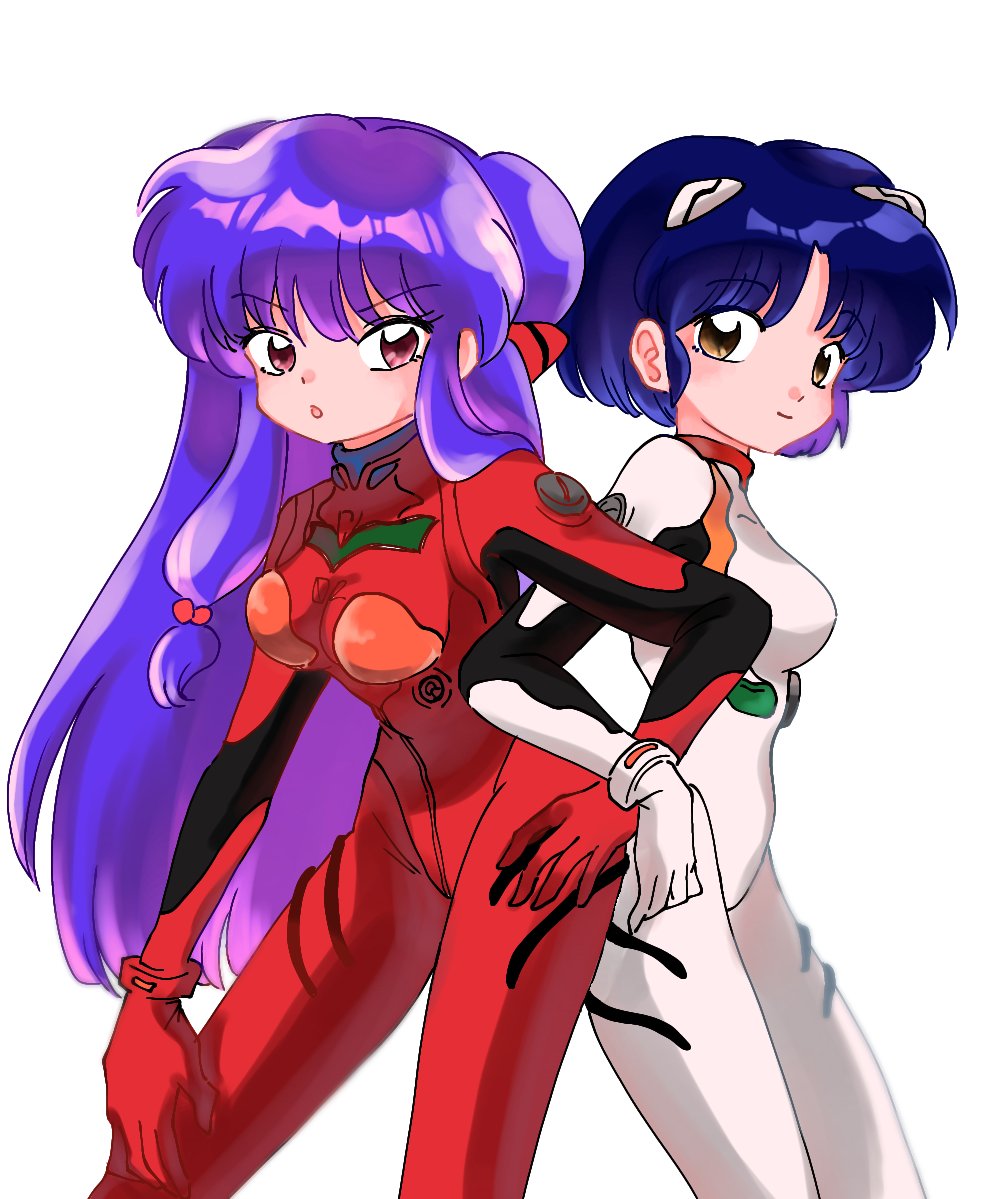 2girls ayanami_rei_(cosplay) black_hair cosplay long_hair mecha_pilot_suit multiple_girls neon_genesis_evangelion plugsuit_(cosplay) plugsuit_(evangelion) purple_hair ranma_1/2 shampoo_(ranma_1/2) short_hair souryuu_asuka_langley_(cosplay) tendou_akane white_background