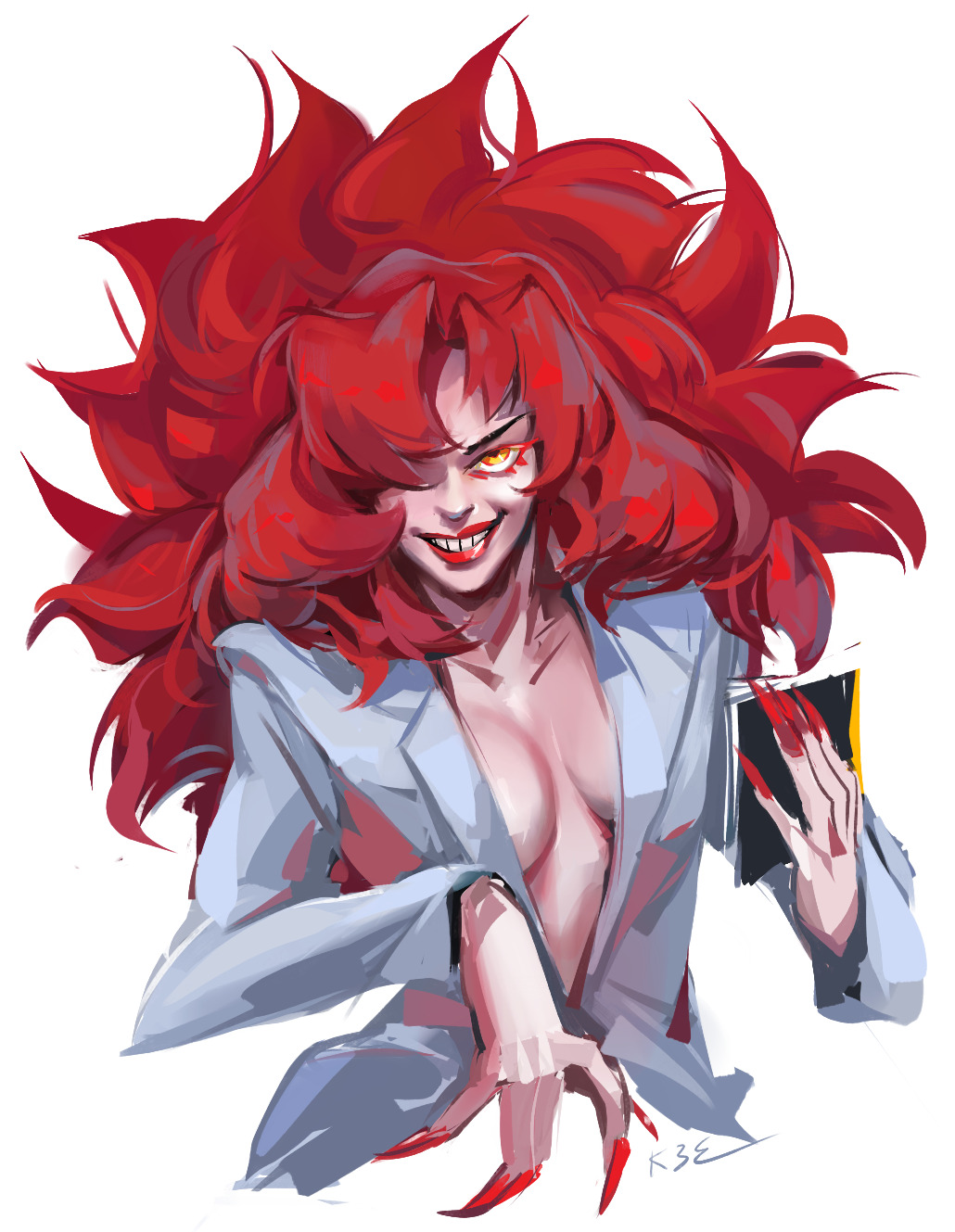 big_hair breasts crazy_grin devilman devilman_crybaby fingernails highres jacket kanda3egle lipstick makeup medium_breasts psycho_jenny red_hair red_lips red_nails sharp_fingernails upper_body white_jacket