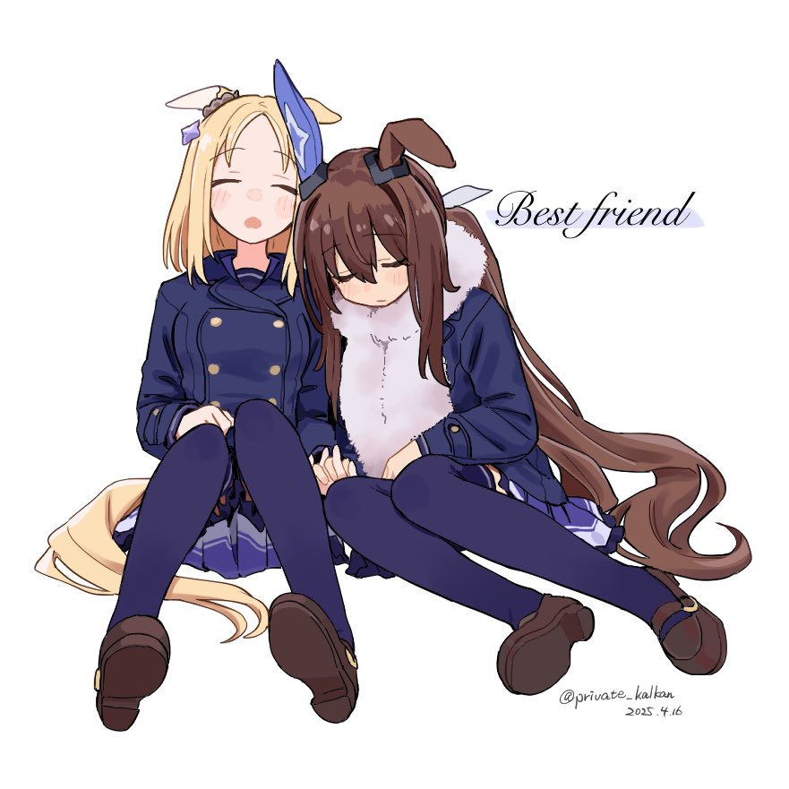 2girls admire_vega_(umamusume) animal_ears blonde_hair brown_hair brown_shoes brown_tail buttons closed_eyes coat commentary dated double-breasted ear_covers ear_ornament ears_down english_text full_body fuzzy_clothes holding_hands horse_ears horse_girl horse_tail interlocked_fingers knees_up leaning_on_person long_hair long_sleeves mary_janes medium_hair mitsusaka_mitsumi multiple_girls narita_top_road_(umamusume) parted_bangs pleated_skirt purple_coat purple_skirt purple_thighhighs scarf school_uniform shoes simple_background single_ear_cover single_ear_down sitting skirt sleeping tail thighhighs tracen_school_uniform tracen_winter_coat twitter_username umamusume white_background winter_uniform yellow_tail
