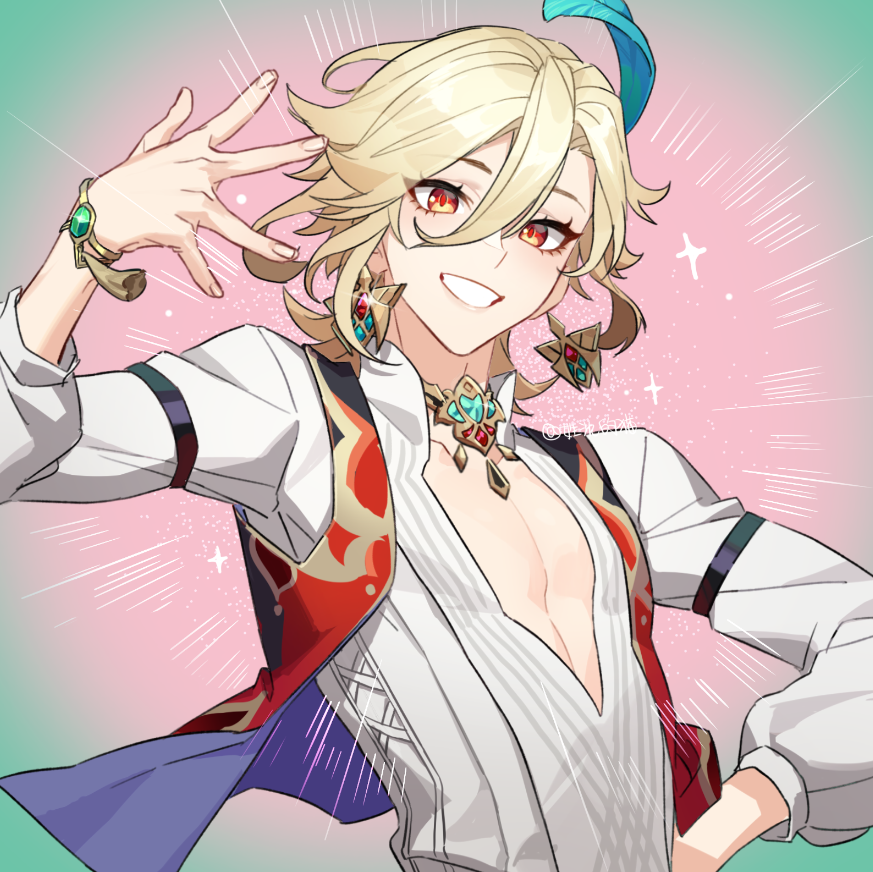 1boy arm_up artist_name blonde_hair blush bracelet collarbone earrings feather_hair_ornament feathers fingernails gem genshin_impact gold_bracelet gold_earrings gold_necklace gradient_background green_background green_gemstone hair_between_eyes hair_ornament hand_on_own_hip hand_up honlo jewelry juliet_sleeves kaveh_(genshin_impact) long_sleeves looking_at_viewer male_focus multicolored_background necklace open_clothes open_vest pink_background puffy_long_sleeves puffy_sleeves purple_vest red_vest shirt short_hair smile solo sparkle teeth two-tone_vest vest white_shirt