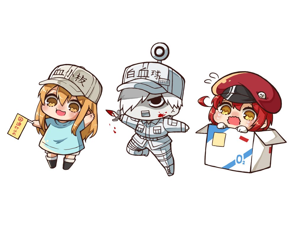 1boy 2girls black_eyes blood box brown_eyes brown_hair chibi flag hat hataraku_saibou holding holding_flag holding_weapon in_box in_container monotsuki multiple_girls open_mouth platelet_(hataraku_saibou) red_blood_cell_(hataraku_saibou) red_hair red_hat tears waving weapon white_blood_cell_(hataraku_saibou) white_hair white_hat yellow_eyes