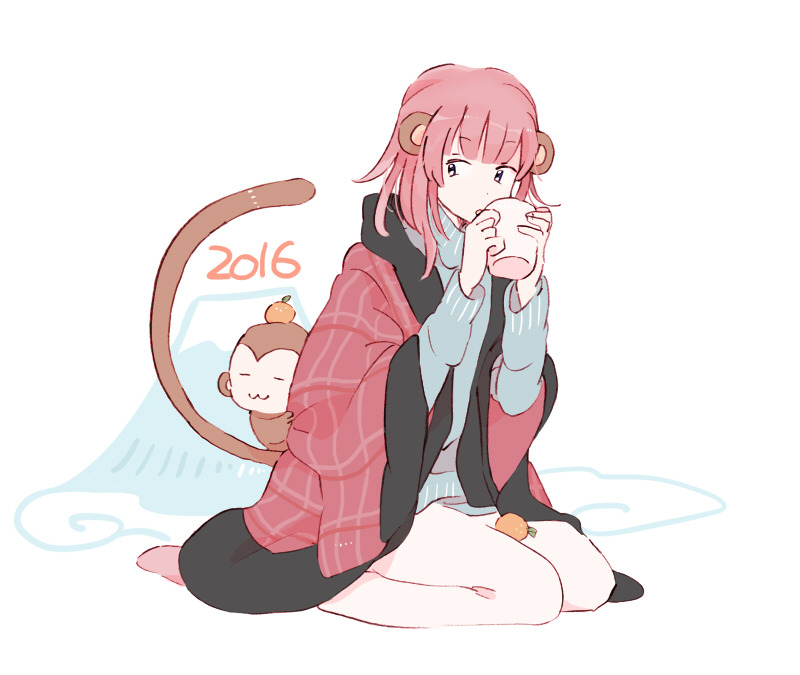 1girl 2016 animal_ears bare_legs blue_sleeves blue_sweater blunt_bangs chinese_zodiac cloud cup drinking fingernails food fruit full_body h_kawa holding holding_cup kneeling layered_sleeves long_hair long_sleeves looking_at_animal mandarin_orange monkey monkey_ears monkey_tail mount_fuji open_clothes open_robe original oversized_clothes pink_hair plaid_clothes plaid_sleeves red_robe red_sleeves robe simple_background solo sweater tail turtleneck turtleneck_sweater white_background wide_sleeves year_of_the_monkey