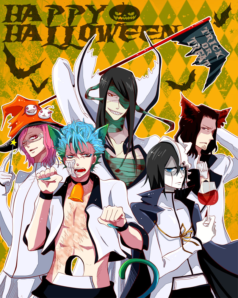 5boys alcohol animal_ears arrancar bandages bat_(animal) bell black_hair bleach blue_eyes blue_hair cape clenched_hand coyote_starrk cup drinking_glass flag glasses gloves grimmjow_jaegerjaquez halloween hand_on_head hat holding kagaga long_hair male_focus multiple_boys nnoitra_gilga number_tattoo one_eye_closed open_mouth pink_hair scar short_hair smile szayelaporro_granz tail tattoo ulquiorra_cifer wine wine_glass wink