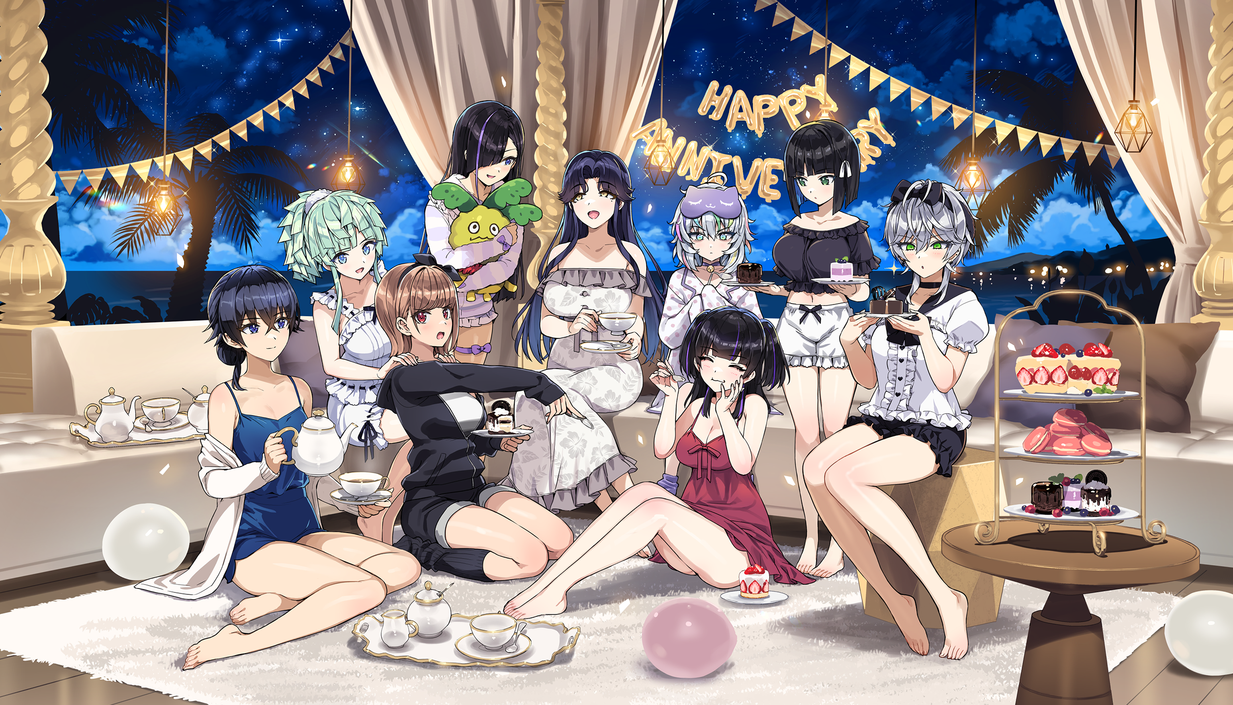 6+girls :3 :o ahoge alternate_costume alternate_hairstyle ankle_socks balloon bare_shoulders barefoot bell bent_spoon black_bow black_choker black_collar black_hair black_hoodie black_shorts black_socks blue_dress blue_eyes blue_hair blush bob_cut bow breasts brown_eyes brown_hair cake cake_slice chocolate_cake choker cleavage closed_eyes closed_mouth collar colored_inner_hair couch cup dessert dolphin_wave dress eating eines_(dolphin_wave) floral_dress floral_print floral_print_dress food frilled_pajamas frills game_cg green_eyes green_hair grey_hair hagane_otsuki hair_bow hair_bun hair_over_one_eye hand_on_own_face hands_on_another's_shoulders hanihara_haru happy_anniversary highres hirasaka_yuno holding holding_cup holding_plate holding_spoon holding_stuffed_toy holding_teapot hood hoodie jingle_bell kamie_tsugumi kurokuchi_muru kurose_minami large_breasts light_blush long_hair looking_at_another macaron medium_breasts medium_hair multicolored_eyes multicolored_hair multiple_girls navel neck_bell night non-web_source ocean off_shoulder official_art on_couch ootomo_takuji open_mouth pajamas parted_bangs partially_unzipped pastry phenix_phenio plate ponytail print_dress purple_hair purple_streaks red_eyes red_shirt ribbon ribbon-trimmed_shorts ribbon_trim robe sarah_anthony saucer scrunchie seiza selena_lewis shirt short_hair shorts sidelocks sitting sleep_mask sleepwear sleeves_past_wrists small_breasts smile socks spoon steam striped_clothes striped_hoodie stuffed_toy sweets table tea_party teacup teapot tiered_tray white_ribbon white_robe white_scrunchie white_shirt