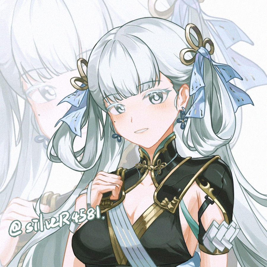 1girl black_collar blue_bow bow breasts bright_pupils collar collarbone colored_eyelashes commentary_request earrings grey_hair hair_bow hair_rings hand_up jewelry jinhsi_(wuthering_waves) light_blush long_hair looking_at_viewer low_twintails medium_breasts mole mole_on_cheek parted_lips partial_commentary silver4581 smile solo twintails white_eyelashes white_eyes white_pupils wuthering_waves zoom_layer