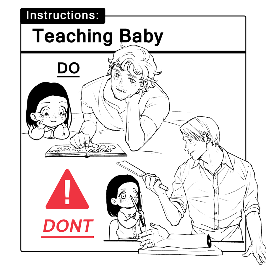! 1girl 2boys animification baby_instructions_101_(meme) beard_stubble buttons chair character_request child chinese_commentary cleaver closed_mouth collarbone commentary_request cutting_board disembodied_hand english_text eyelashes facial_hair fingernails freckles frown greyscale hands_on_own_cheeks hands_on_own_face hannibal_(tv_series) hannibal_lecter happy holding holding_cleaver holding_knife knife light_smile long_sleeves looking_at_another lying meme milrice monochrome multiple_boys multiple_views mustache_stubble on_bed on_chair on_stomach parted_lips puffy_long_sleeves puffy_sleeves reading shirt short_sleeves sign simple_background size_difference standing stubble t-shirt table thick_eyebrows warning_sign white_background will_graham wrinkled_skin