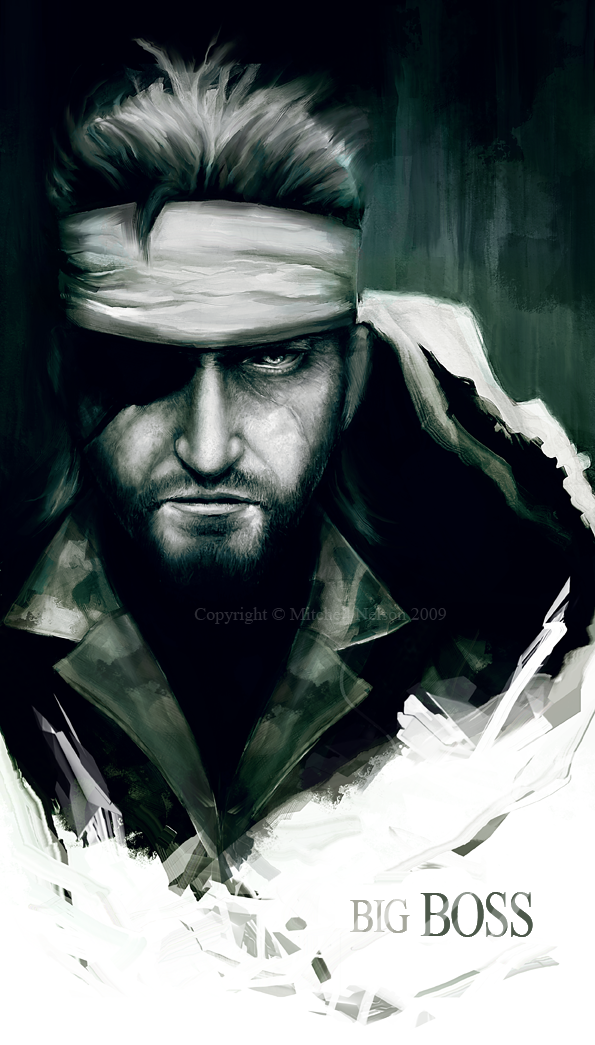 00s 1boy 2009 bandana beard big_boss character_name dark eyepatch facial_hair greyscale headband male_focus manly metal_gear_(series) metal_gear_solid_3:_snake_eater monochrome mustache naked_snake solo