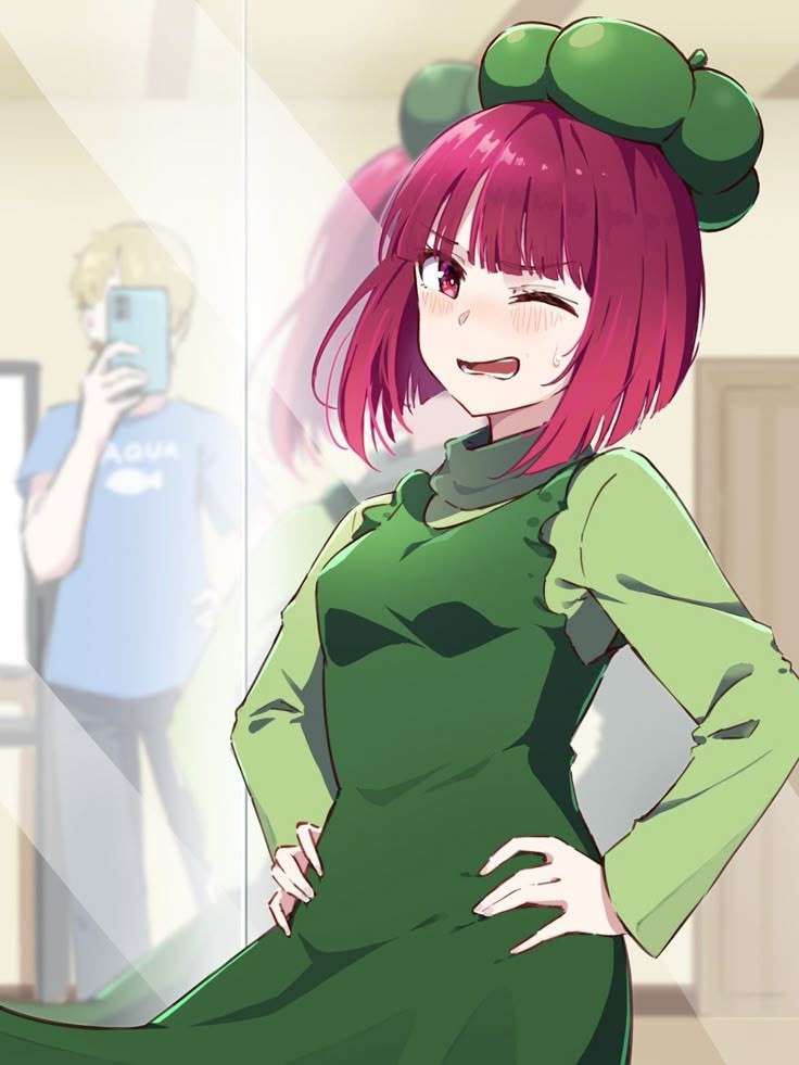 1boy 1girl arima_kana blonde_hair cellphone dress green_dress hoshino_aquamarine mirror oshi_no_ko phone red_hair smartphone
