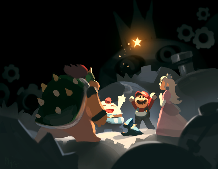 ^_^ armlet blouse blue_overalls bowser closed_eyes geno_(mario) gigi_d.g. glowing jewelry mallow_(mario) mario mario_(series) nintendo overalls princess_peach red_shirt shirt smithy&#039;s_lair source_request standing star_(sky) super_mario_rpg
