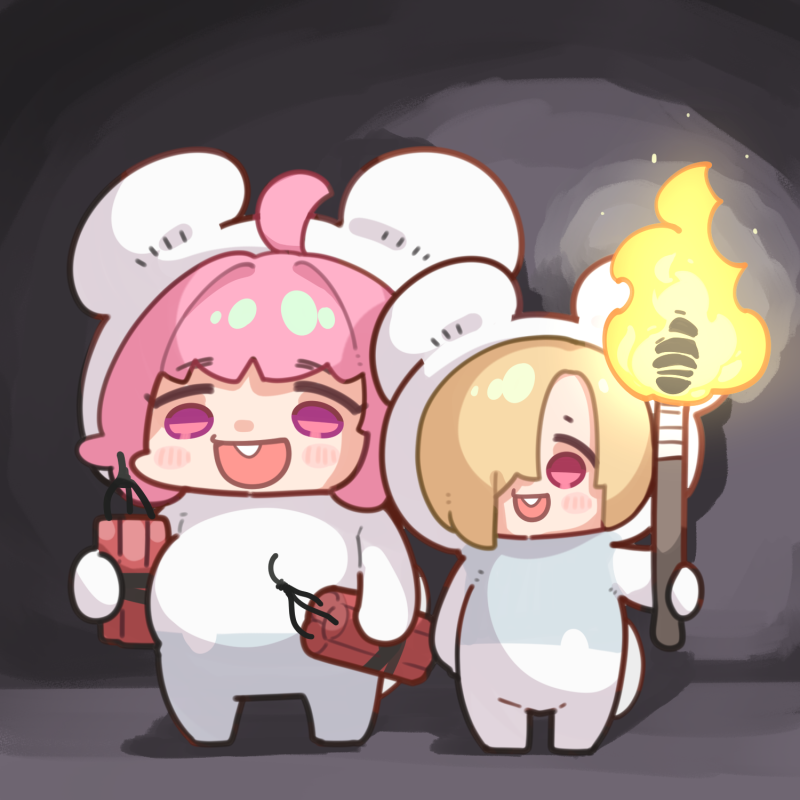 2girls :d ahoge animal_costume blonde_hair blush_stickers bob_cut cave dynamite explosive fire holding holding_torch idolmaster idolmaster_cinderella_girls idolmaster_cinderella_girls_starlight_stage mouse_costume multiple_girls nintendo open_mouth pink_eyes pink_hair pokemon red_eyes round_teeth shirasaka_koume smile standing takato_kurosuke tandemaus teeth torch yumemi_riamu