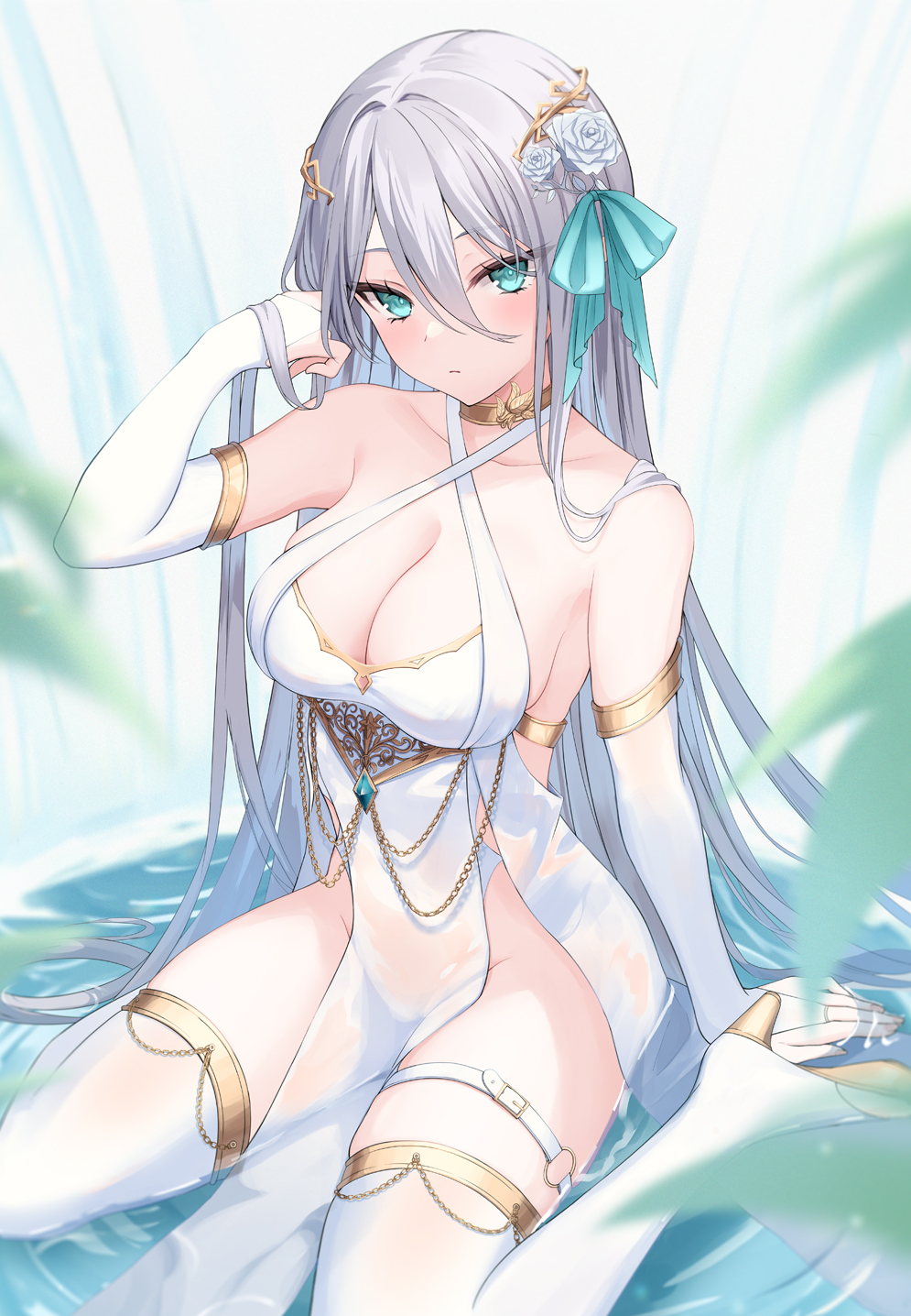 1girl :/ aqua_eyes aqua_ribbon arm_support armlet bare_shoulders blurry blurry_foreground boots breasts bridal_gauntlets chain cleavage closed_mouth collarbone commentary_request criss-cross_halter dress elbow_gloves flower gloves gold_chain grey_hair groin hair_between_eyes hair_flower hair_ornament hair_ribbon halter_dress halterneck hand_in_own_hair hand_up high_heel_boots high_heels highres jewelry large_breasts leaf long_bangs long_hair looking_at_viewer mikoto_paint neck_ring no_panties original pelvic_curtain ribbon rose see-through_clothes sideboob sitting sitting_on_water sleeveless sleeveless_dress solo thigh_boots thighhighs thighs very_long_hair wariza water white_boots white_dress white_flower white_gloves white_rose white_thighhighs