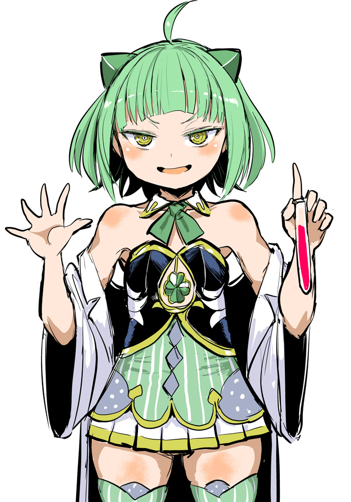 1girl ahoge bare_shoulders blunt_bangs commentary_request cowboy_shot detached_collar dress flask green_dress green_eyes green_hair hands_up holding holding_flask ken_(koala) lab_coat long_sleeves looking_at_viewer magia_record:_mahou_shoujo_madoka_magica_gaiden magical_girl mahou_shoujo_madoka_magica miyako_hinano open_mouth short_dress short_hair simple_background smile solo standing white_background